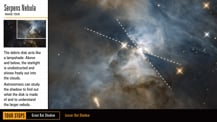 In the top left corner is title text that reads "Serpens Nebula, Image Tour." Just below is a small image of the Serpens Nebula. A white box highlights the area that appears magnified at right. More text appears below. The image at right has two white lines forming an "X" across its center.