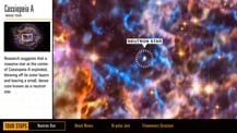 In the top left corner is title text that reads "Cassiopeia A, Image Tour." Just below is a small image of Cassiopeia A. A small white box highlights the area that appears magnified at right. More text appears below. The image at right has a feature labeled "Neutron Star." 