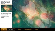 In the top left corner is title text that reads "Cat's Paw Nebula, Image Tour." Just below is a small image of the Cat's Paw Nebula. More text appears below. At right is a larger version of the Cat's Paw Nebula image, which is overlaid with a graphic of a cat's paw.