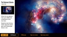 In the top left corner is title text that reads "The Antennae Galaxies, Image Tour." Just below is a small image of the Antennae Galaxies. A small white box highlights the area that appears magnified at right. More text appears below. A graphic overlay outlines an area of the image at right. 