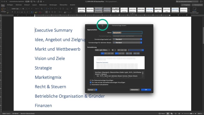Überschriften der Hauptkapitel anlegen