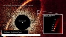 Image of the environment surrounding Fomalhaut with labeled features. A gray box in the bottom left corner has text that reads "The Case of the Missing Planet." Text in the top left corner reads "The clues had been accumulating for over a decade..." A small square toward the right highlights a section that the image in the bottom right corner shows in greater detail.