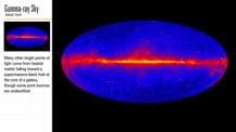 In the top left corner is title text that reads "Gamma-ray Sky, Image Tour." Just below is a small image of a map showing the distribution of gamma rays observed in the sky. More text appears below. At right is a larger version of the map.