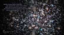 Image of M4 as seen by the Hubble Space Telescope in visible light. Text appears in the top and bottom left corners.