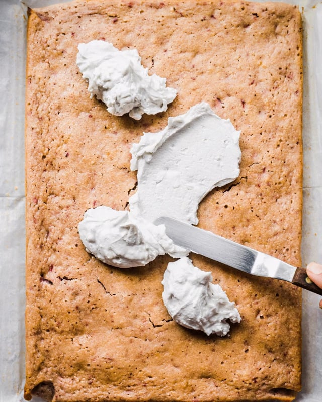 Vegan Strawberries and Cream Sheet Cake - frosting GIF