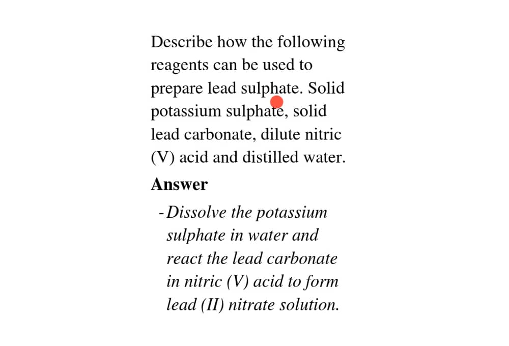 Describe How The Following Reagents Can Be Used To Prepare Lead Sulphate Solid Potassium Sulphate Tutorke