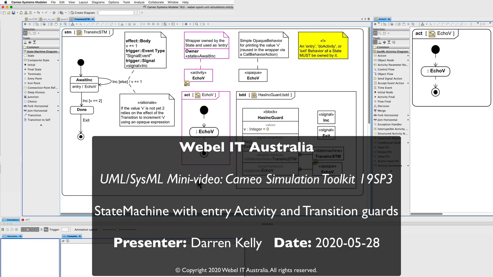 Mini tutorial UML/SysML Cameo Simulation Toolkit StateMachine with