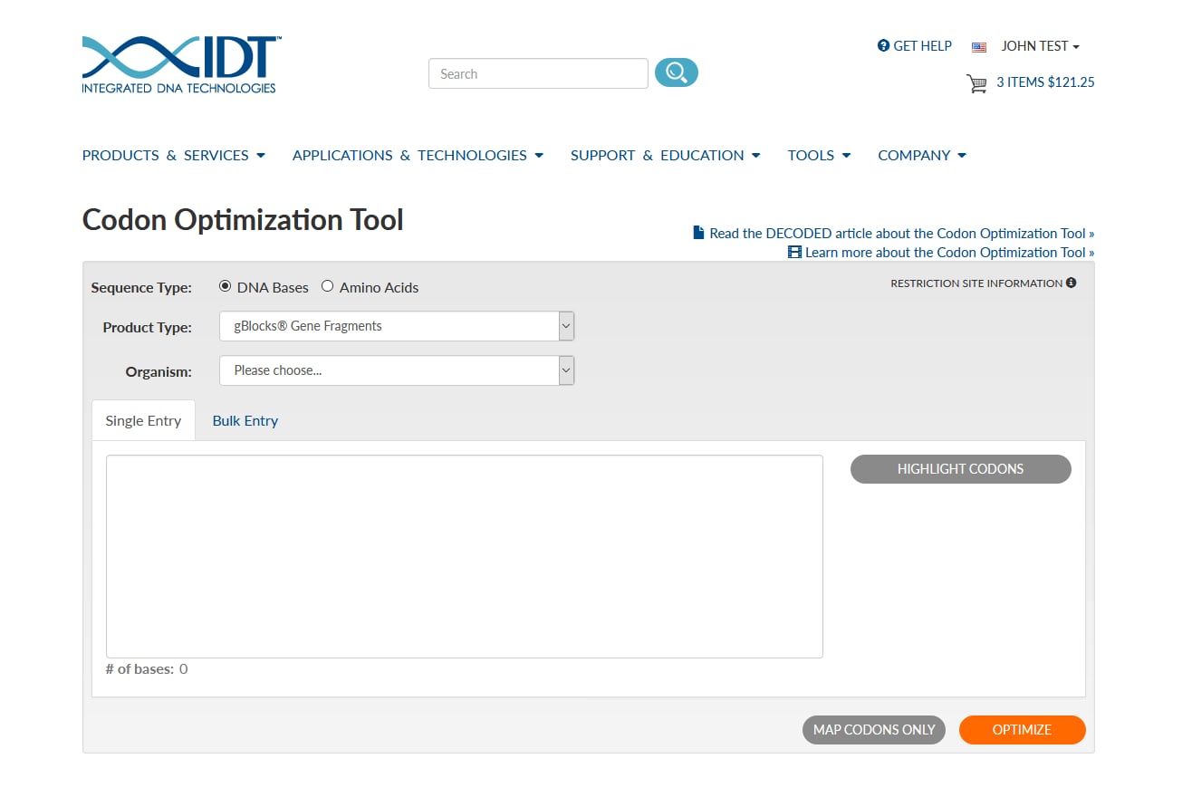 The Codon Optimization Tool from Integrated DNA Technologies
