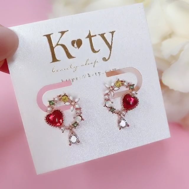 フェミニン♡ころっとハートツートン薔薇とビジューピアス/イヤリング