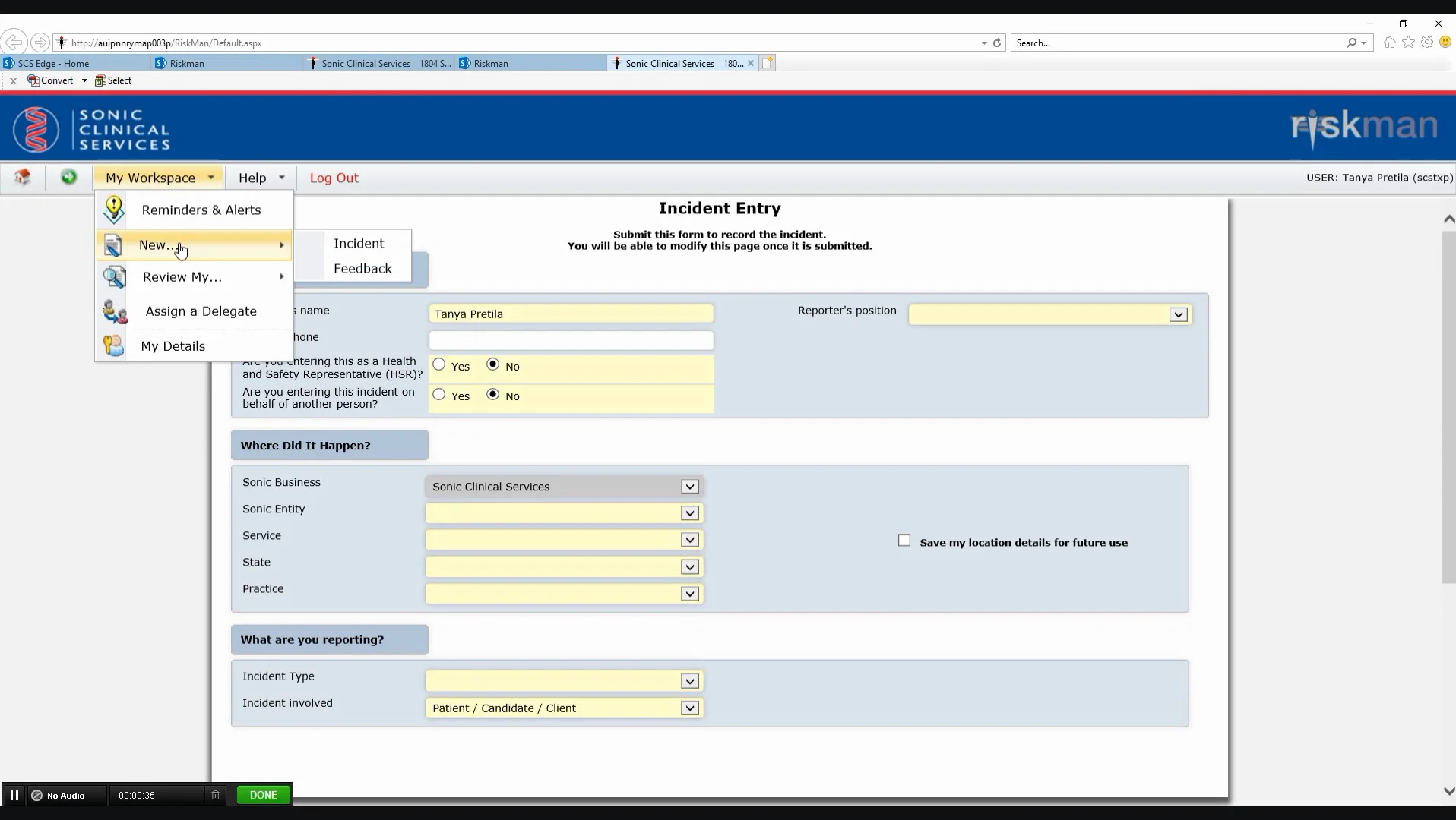 Accessing Riskman and Choosing the Correct Form to Complete on Vimeo