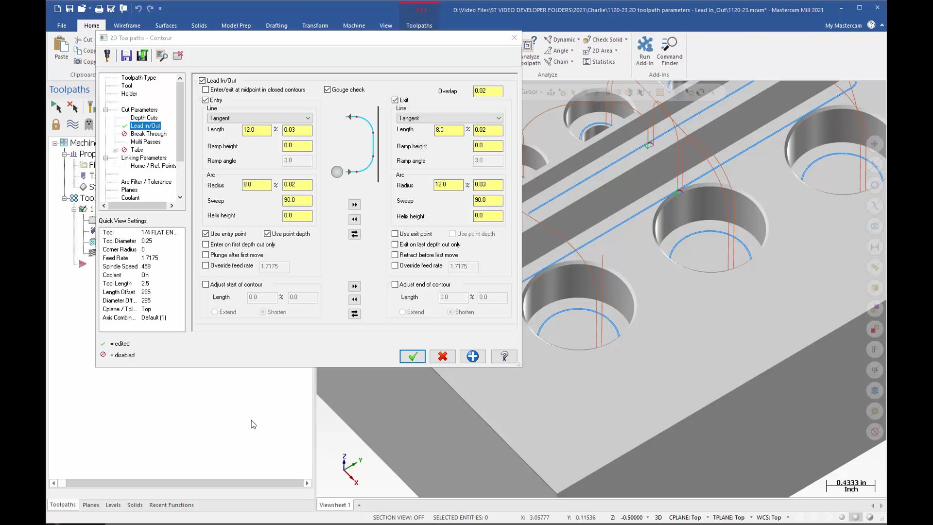 2D toolpath parameters - Lead In/Out