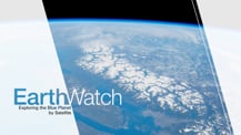 Portion of Earth seen from above, overlaid with a diagonal graphic design. Toward the bottom left is title text that reads “EarthWatch, Exploring the Blue Planet by Satellite.”