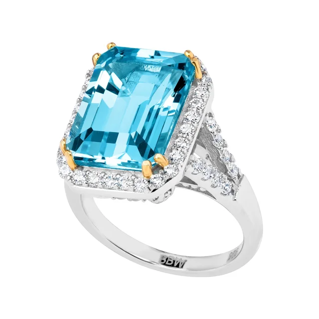 Sterling Silver 8 Carat Blue Topaz Emerald Cut Ring with 18 KGP  Prongs-Bling by Wilkening