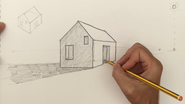 Dibujo y sombreado de una casa en perspectiva con puertas y ventanas -  Estudio Santaella