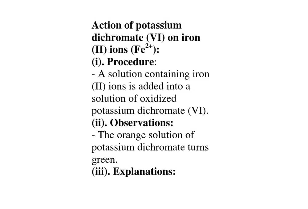 Action Of Potassium Dichromate Vi On Iron Ii Ions Fe 2 Tutorke