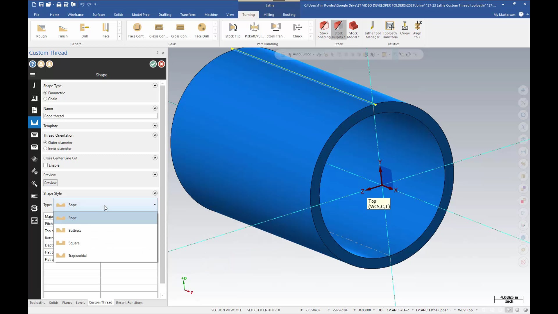 Lathe Custom Thread toolpath part 1