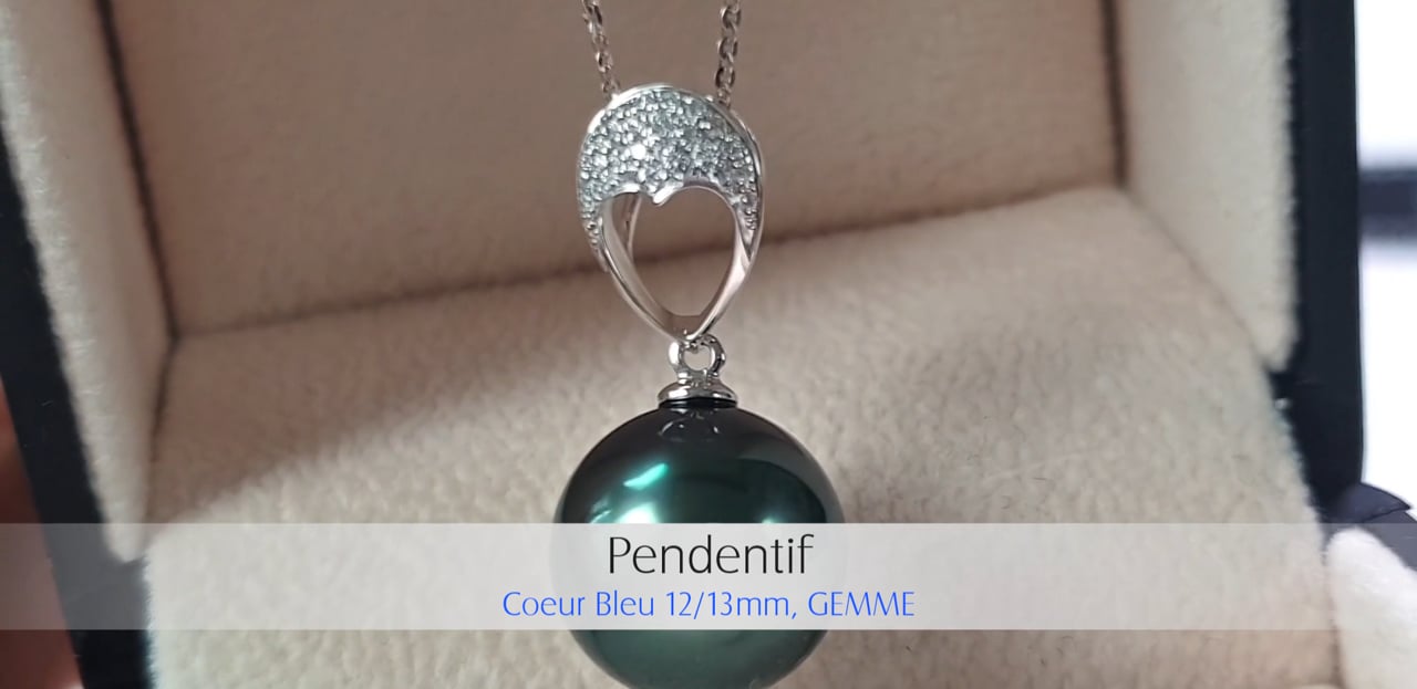 Pendentif Coeur Bleu - Or Blanc, Diamants & Perle de Tahiti 12/13mm, GEMME | Gemperles