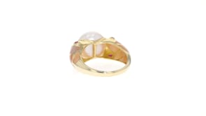 11.5mm Cultured Pearl and Pink Mother-Of-Pearl Fish Ring with .20 ct. t.w. Rubies in 14kt Gold