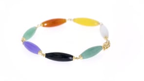 22x7mm Multicolored Jade Bead Bracelet with 14kt Yellow Gold