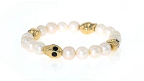 9-10mm Cultured Pearl and Black Spinel Skull Stretch Bracelet in 18kt Gold Over Sterling