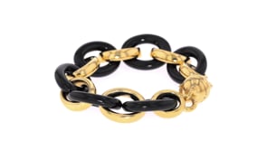 Andiamo 14kt Yellow Gold and Black Onyx Link Bracelet with Diamond Accent on Magnetic Clasp