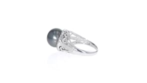 11-12mm Black Cultured Tahitian Pearl Ring with .20 ct. t.w. White Topaz in Sterling Silver