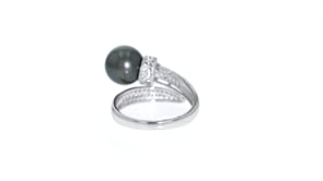 9-10mm Tahitian Pearl and .60 ct. t.w. White Topaz Bypass Ring in Sterling Silver