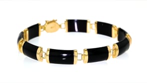 Black Agate Chinese Symbol Bar Bracelet in 14kt Yellow Gold