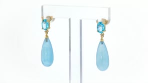 16.00 ct. t.w. Aquamarine and 1.80 ct. t.w. Sky Blue Topaz Drop Earrings with Diamond Accents in 14kt Yellow Gold
