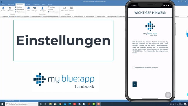 Einstellungen in my blue:app hand:werk