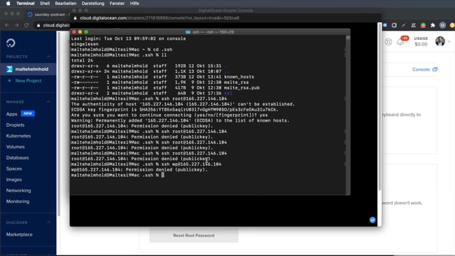 Passwort und Schlüssel bei DigitalOcean zurücksetzen