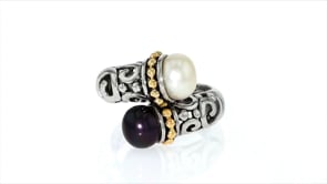 8.5mm White and 7.5mm Black Cultured Pearl Bypass Scrollwork Ring in Sterling Silver with 14kt Gold