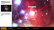 In the top left corner is title text that reads "V838 Monocerotis, Image Tour." Just below is a small image of V838 Monocerotis. A small white box highlights the area that appears magnified at right. More text appears below. The image at right has a feature labeled "Central Star."