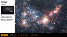 In the top left corner is title text that reads "NGC 4449, Image Tour." Just below is a small image of NGC 4449. A small white box highlights the area that appears magnified at right. More text appears below.