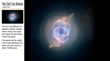 In the top left corner is title text that reads "The Cat's Eye Nebula, Image Tour." Just below is a small image of the Cat's Eye Nebula. More text appears below. At right is a larger version of the Cat's Eye Nebula image.