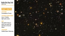 In the top left corner is title text that reads "Hubble Ultra Deep Field, Image Tour." A list of facts appears below. At right is an image of the Hubble Ultra Deep Field.