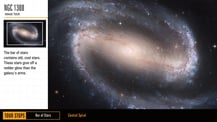 In the top left corner is title text that reads "NGC 1300, Image Tour." Just below is a small image of NGC 1300. A white box highlights the area that appears magnified at right. More text appears below. The image at right has two white lines along the center.