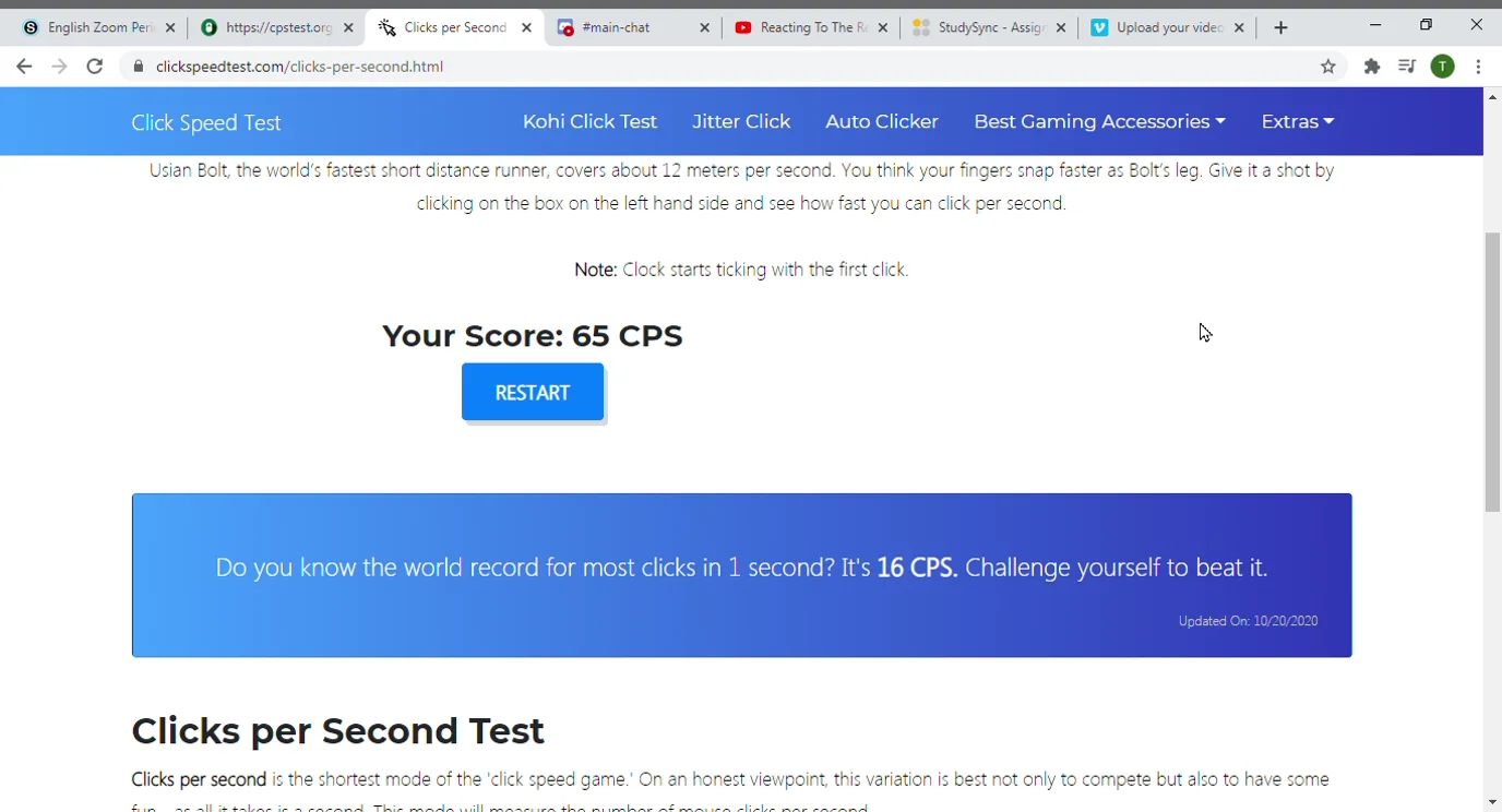 1 Second CPS Test - ClicksPerSecond