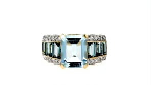2.30 Carat Aquamarine, 1.30 ct. t.w. Blue Topaz and .13 ct. t.w. Diamond Ring in 14kt Yellow Gold