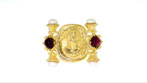 Italian 5mm Cultured Pearl and 4.00 ct. t.w. Garnet Ring in 18kt Gold Over Sterling