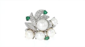 Cultured Pearl and Diamond Cluster Ring with Emeralds in Sterling Silver