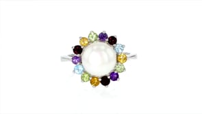 9-9.5mm Cultured Pearl and .49 ct. t.w. Multi-Gemstone Ring in Sterling Silver