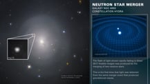 At left is a swath of space with various points of light as observed by the Hubble Space Telescope. Toward the center left is a small orange point with a small white square. The small white square connects to a larger white box on its lower left, which shows a magnified view of the object. At the top right is text that reads "Neutron Star Merger, Galaxy NGC 4993, Constellation Hydra." Just below is an artist's concept of a neutron star merger. More text appears below.