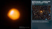 At left is an image of Betelgeuse, a red supergiant star, against the black background of space. At top right is title text that reads "Betelgeuse: A Resolved Red Supergiant Star, Orion Constellation." Just below is an image of a field of stars with an orange star with diffraction spikes in the center. More text appears below.