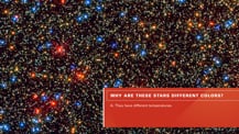 Image of a portion of the Omega Centauri star cluster, which has red, blue, and yellow points of light. A red box in the bottom right has text and is overlaid on the image.