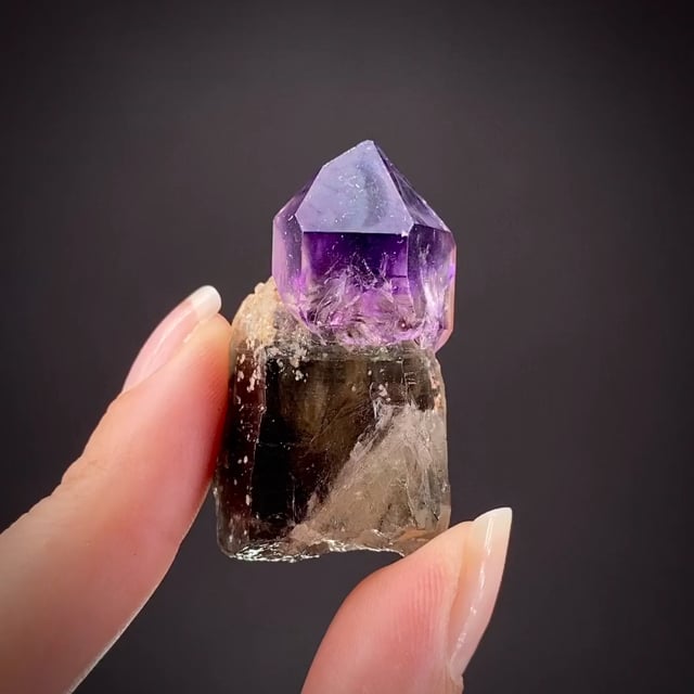 Amethyst Scepter on Smoky Quartz with Schorl inclusions