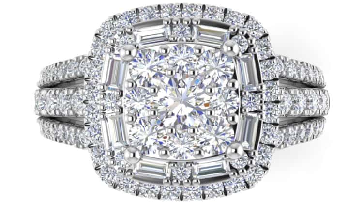 Kathy de Stafford 18ct White Gold ''Annalise'' Square Double Halo Cluster & 3 Row Split Shoulders 1ct Ring | Engagement Ring | Fields The Jeweller